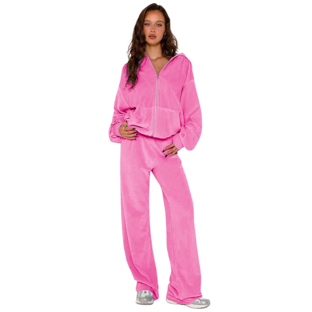 Velour Tracksuit Two Piece Set Velvet Hooded Sweatsuit Lounge Wear Pockets
